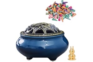 DUOHEMENG Incense Burner, Incense Bowl Holder， Cone Incense Burner, Ceramic Censer Suitable for Incense/Cone/Coil/Sticks, There Are 20 Incense Cones+ Metal Incense Holder Inside. (Deep Blue)
