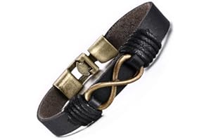 Vnox - Pulsera de genuino cuero liso para hombres, aleación de bronce, Amor infinito, Encantador puño, color negro, 22 cm de longitud