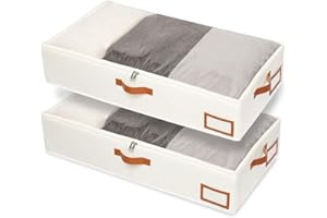 Yawinhe 2 Pcs Bacs de Rangement Sous Le Lit, Sac à Vêtements Pliable, Fenêtre Transparent et Fermeture éclair, pour la Literie, 60x30x15cm, Beige, SNH001BES-2