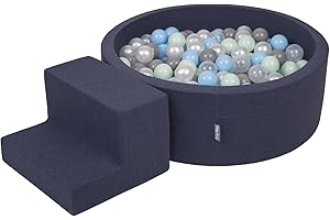 KiddyMoon Area di Gioco in Schiuma con Tondo Piscina di Palline (200 Palline) per Bambini, Blu Scuro:Perla/Grigio/Trasparente/Azzurro/Menta