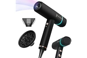 TRESSES TOUCH Föhn Ionen Haartrockner, 150000 U/min Fön mit Diffusor für Frauen & Männer, Schnelltrocknen mit 3 Temps/2 Geschwindigkeiten, Leicht für Heimreisen, Gleichmäßige Hitze, Geräuscharm, Schwarz