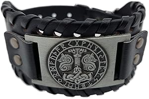 AB Viking Crafts Vikings Wikinger Armband Thors Hammer Mjölnir mit Odins Wölfen im Runenkreis Leder Metall schwarz silber