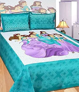 V.R TEXTILE Disney Cinderella Cotton Cartoon Double Bedsheet with 2 Pillow Cover (SkyBlue)