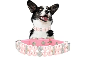 HOTLION Pearl Dog Collar For Small Dogs, Cute Pu Leather Beaded Cat Necklace With Rhinestone Diamond For Puppy Small Medium Dogs Wedding & Birthday Party