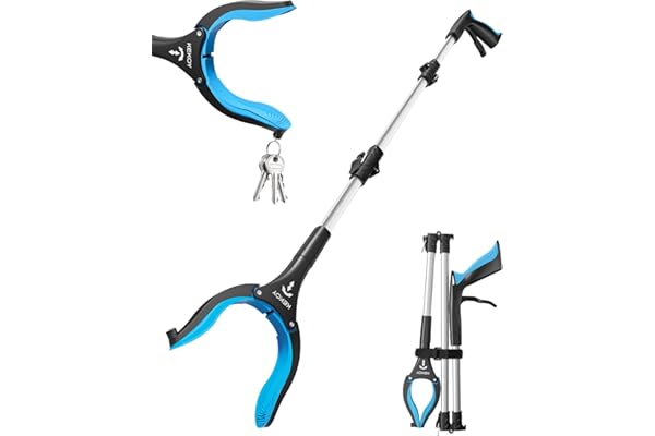KEKOY Pince Telescopique Ramasse Objet pour Seniors, Outil de Ramassage Pliable avec Mâchoire Antidérapante Rotative à 360°, Pince Ramasse Objet 4" avec Aimant (91 cm, Bleu Ciel, 1 Pièce)