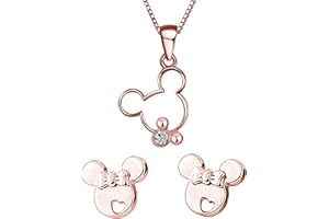 baobei Parure de bijoux - Collier en argent plaqué or rose - Pendentif Mickey Mouse - Cadeau pour filles, filles, boucles d'oreilles en argent, Argent sterling, Oxyde de Zirconium