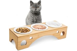 Cinnani Comedero Gato Elevado, Comedero Perro,3x300ml Cuenco Cerámico del Gato, con Soporte de Bambú y Base Antideslizante de Silicona, para Gatos Y Perros Pequeño