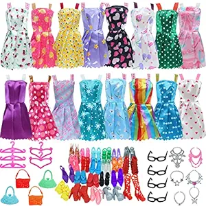 BJDBUS 32 pcs Random Doll Clothes and Accessories Including 10 pcs Fashion Mini Dresses 22 pcs Shoes, Glasses, Necklaces, Handbag Accessories for 11.5 Inch Girl Doll