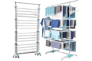 FACILITYS - Étendoir Linge Intérieur - Séchoir à Linge Pliable, 172 x 67 x 168 cm, Étendage 30 m - Pieds Rabattables à 6 roulettes - Étendoir à Linge en Acier Inoxydable - Format Familial