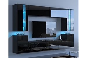 Furnitech Living Room Wall Unit | Living Room Furniture with LED RGB - 16 Colours | Hanging Living Room Wall Unit Modern | Living Room Cabinet Wall with Shelves and TV Cabinet (24/HG/B/1 1B Large)