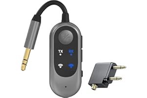 GUIRFLY1N1 2 in 1 Bluetooth 5.3 Transmitter Receivers for HiFi/Amplifier, Wireless Aux Airplane Bluetooth Adapter Supports 2 AirPods or Headphones, 3.5mm Aux Audio Jack for Airplane, iPad/Tablets/Car/Home Stere