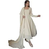 Jay Jogmaya Creation Women's Anarkali Kurti Pant and Dupatta Set, Cream, with Sequin Embellished Neckline and Dupatta Border