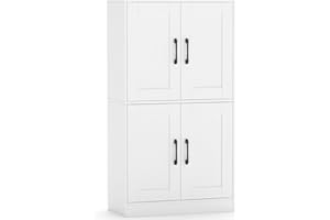 COSTWAY Wood Storage Cabinet, Adjustable Shelves 4-Door Organizer Unit Chest, Large Kitchen Cupboard Tall Floor Sideboard for Living Room Hallway Corner Bedroom (60 x 30 x 110cm, White)
