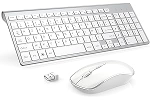 JOYACCESS Clavier Souris sans Fil, 2,4Ghz Ultra-Fins Compacte Clavier, Portable Silencieux 2400 DPI Ergonomique Clavier Souris pour PC, Smart TV, Ordinateur (AZERTY Disposition) - Blanc Argent