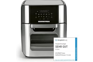 GOURMETmaxx Friteuse à air chaud numérique 12 L, four XXL en inox | Airfryer + minuterie, écran tactile, tournebroche | Friture pauvre en graisse, économie d'énergie | 10 Programmes y compris pizza