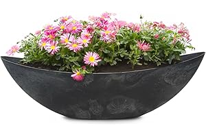 MATCHES21 HOME & HOBBY Macetero ovalado para exteriores, diseño de barco gigante con aspecto de piedra negra, maceta para flores, 66 cm, para jardín, balcón o cementerio como adorno para tumba