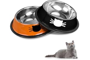 HTRTRR Zestaw misek dla kotów, antypoślizgowe miski dla kota ze stali nierdzewnej, miski do karmienia kotów, poidło dla kotów, miski dla kotów i miski do picia dla zwierząt domowych (czarne + pomarańczowe)