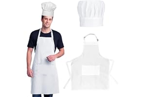 Hariendny Kochmütze Schürze Set Erwachsene Kochmütze und Schürze Verstellbare Weiß Kochmütze Wasserdicht Ölbeständig Backschürze mit 2 Taschen Koch Kostüm für Hause Küche Restaurant Hotel