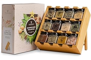 TILZ GEAR Lot de 12 pots à épices en bois - Recharge sur pied pour herbes contenant 12 épices incluses pour la cuisine - Coffret cadeau parfait