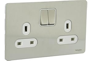 Schneider Electric Ultimate Screwless Flat Plate - Switched Double Power Socket, Double Pole, 13A, GU3420DWSS, Stainless Steel with White Insert