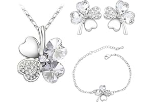 Auriselle Señoras Joyería Set Trébol de Cuatro Hojas de la Suerte Pendientes Collar Pulsera 3 Piezas Mujeres Joyería con Zirconia Cúbico Regalos de Boda para Damas