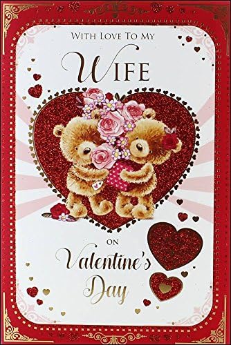 Wife Valentine's Day Card - Bears Holding Flower Bouquet &amp; Glitter Heart 9" x 6"