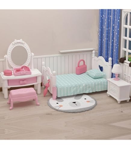 POFET Puppenhaus-Schlafzimmermöbel Aus Holz – Bett, Schrank, Tisch & Lampe Im Set