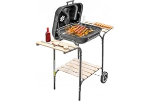 Mega-M Grill ogrodowy węglowy (2 x stolik boczny, półka, DUŻY CHROMOWANY RUSZT, lekka i mobilna konstrukcja, KOLOR CZARNY)