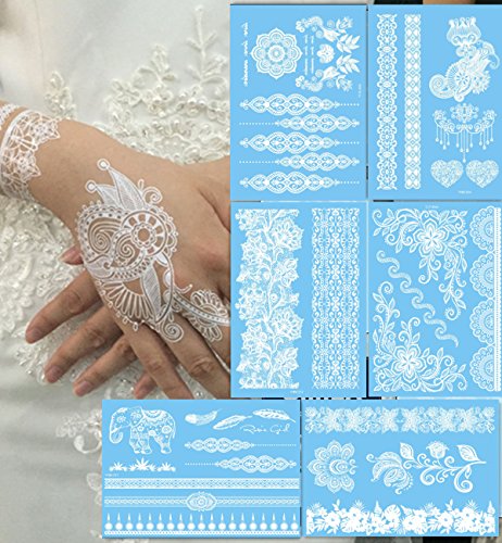 Bbei Sexy Lace Henna Temporary Tattoos, Pack of 6 Sheets (White)