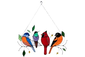 HSHDUTI Glasfensterpaneel, Buntglas-Fensterbehang, 9 Vögel, Fensterpaneel zum Aufhängen mit Kette, Sonnenfänger-Fensterdekoration, tropische Vögel, Buntglas-Fenster-Hängedekoration für Zuhause, Party