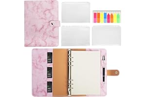 Femolity Leather A5 Ring Binder Notebook, 6 Ring A5 Binder with A5 Refill Papers, Binder Pockets and PVC Sticky Notes, Travel Binder Journal Personal Planner with Ring Binder Marble Pink