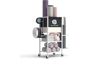 LOVIND Aufbewahrungsregal für Yogamatte, Heim-Fitnessstudio, Workout-Ausrüstung, Organizer, Fitness-Gewichtsregal auf Rädern für Yogamatte, Yoga-Block, Schaumstoffrolle, Widerstandsband, Hantel, Kugelhantel