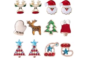 Rlbytia 6-16 Pairs Christmas Earrings Studs Snowman Reindeer Crystal Santa Hat Rhinestone Gift Snowflake Tree Earring Christmas Earrings Xmas Stainless Steel Women Kids