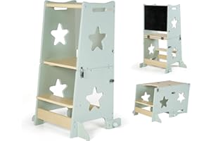 ms Torre di apprendimento in legno Montessori per bambini LEARN UP - Trasformabile in scrivania e lavagna per bambini - Torre di supporto da cucina in legno massello con barra di sicurezza