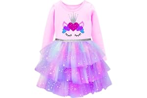 DXTON Le Ragazze Vestono Abiti da Festa Casual a Maniche Lunghe in Tulle con Principessa Unicorno 2-8 Anni
