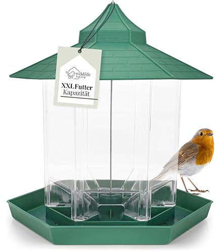 WILDLIFE HOME Mangiatoia Per Uccelli XXL: Capacità 1,5kg, Silo Trasparente E Tettuccio Impermeabile - 2