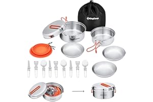 KingCamp Set de Casseroles et Poêles pour Camping en Acier Inoxydable 17/25 Pièces Camping Ustensiles Ultraléger Kit de Casseroles Camping Cuisine pour Randonnée Pique-Nique Pêche pour 2-3 Personnes