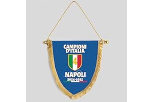 D&Vlab Gagliardetto Celebrativo Napoli 4° Scudetto 2025 Campione D'Italia, Bandiera in tessuto con Frangia Oro 22x25 cm Partenopei per Tifosi Ultras Calcio Sport Napoletani Supporters Calcio