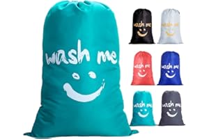 IHOMAGIC Large Sac à Linge Sacoche à Linge Pliable Sac de Rangement avec Nylon Corde 120g Léger Sac Portable pour Vêtement Sale Couverture 80－120L dans la Chamber Hôtel Dortoir, 63x93cm, Bleu Sourire