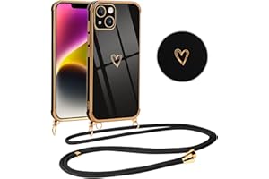 Vauki Handykette für iPhone 14 Hülle mit Band, Handyhülle mit Kette, Herz Motiv, Ultra Dünn Stoßfeste Aesthetic Case mit Kordel zum Umhängen für iPhone 14 6.1", Schwarz