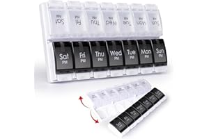 MERICARGO Weekly Pill Box Organiser, Large Daily Pill Organiser 2 Times a Day, Travel Tablet Organiser with Easy Push Button Design for Meds, Vitamin, Fish Oil, Supplements… (Black & White)