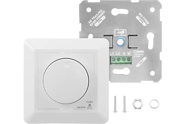 LED-dimmer strömbrytare roterande dimmer ultrasäker 0–100 % 5–300 W, 230 V dimmer för dimbara LED/halogen/glödlampor, vit täckplatta IP20 flimmerfri minnesfunktion, infälld ytmonterad kompatibel