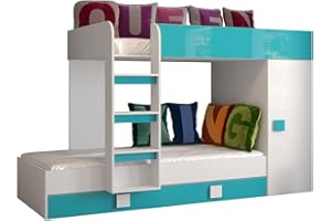 ‎MEBLE KRYSPOL MEBLE KRYSPOL Toledo 2 Hochbett für 2 Kinder, Jugendliche mit Stauraum - Etagenbett mit Schreibtisch, Kleiderschrank, Regal, Schubladen, Treppe - 254x94x165 cm - Weiß, Türkis, Weiß + Türkis