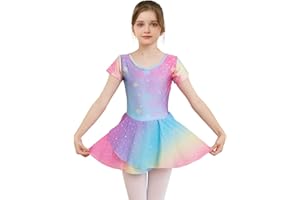 zffriction Girls Ballet Dress Shiny Short Sleeve Ballet Outfit Dance Ballet Leotard Ballerina Costume with Sequin Chiffon Skirt