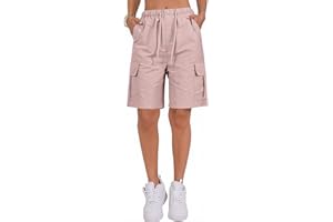 PADOLA Short Femme Été Séchage Rapide Bermuda avec 4 Poches Taille Elastique Shorts de Travail Cordon de Serrage Léger Uni Short Randonnée Pantacourt de Plage Casual Décontracté