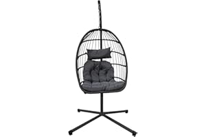COZYBRITE Egg Chair Garden Swing Seat Rattan Foldable Hanging Hammock with Cushions Stand UV Resistant Outdoor Indoor Furniture (Light Grey)
