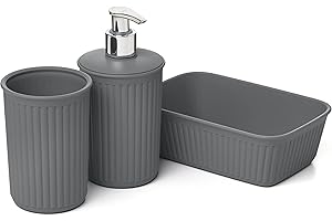 Tatay Set de 3pcs Sobremesa de Baño (Vaso + Dosificador + Organizador A6) Baobab, de Plástico, Libre de BPA, Gris Antracita, 6391314