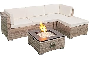 AFURNI 5 Piece Rattan Garden Furniture Set with Fire Pit,CSA Certified,40,000 BTU,4 Seater Rattan Corner Sofa with Fire Pit Table