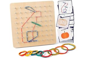 Coogam Wooden Geoboard Mathematical Manipulative Material Array Block Geo Board – Graphical Educational Toys with 30Pcs Pattern Cards and Latex Bands Shape STEM Puzzle Matrix 8x8 Brain Teaser for Kid