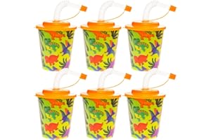 BEMIRO 6er Set 3D Trinkbecher mit Deckel und Strohhalm für Kinder - 250 ml, Becher mit Deckel und Strohhalm mit verschiedenen Designs, Trinkbecher für Kinder (Dinosaurier)